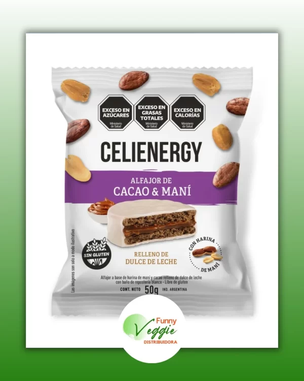 CELIENERGY ALFAJOR DE CACAO Y MANÍ BLANCO RELLENO DE DULCE DE LECHE